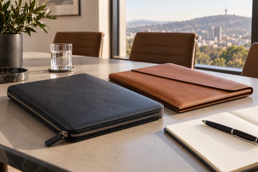 Dark business portfolio and tan document folder on a meeting table